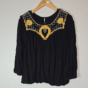 Free People Black and Yellow Embroidered Women's Top